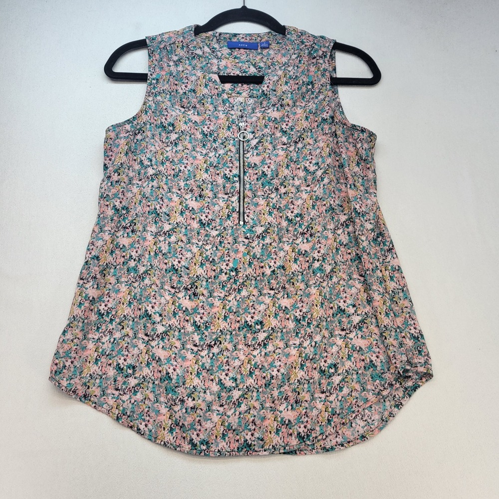 Apt 9 Blouse Womens Small Pink Floral Zip V-Neck Sleeveless Spring Flower Top